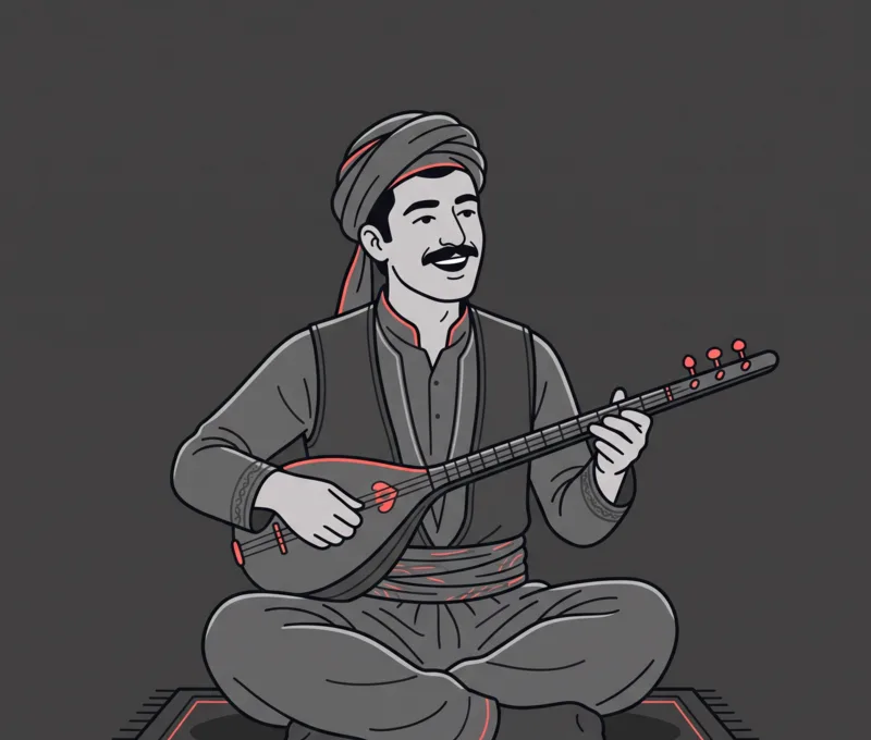 Illustration of a Kurdish musician sitting cross-legged on a rug, playing the tembûr