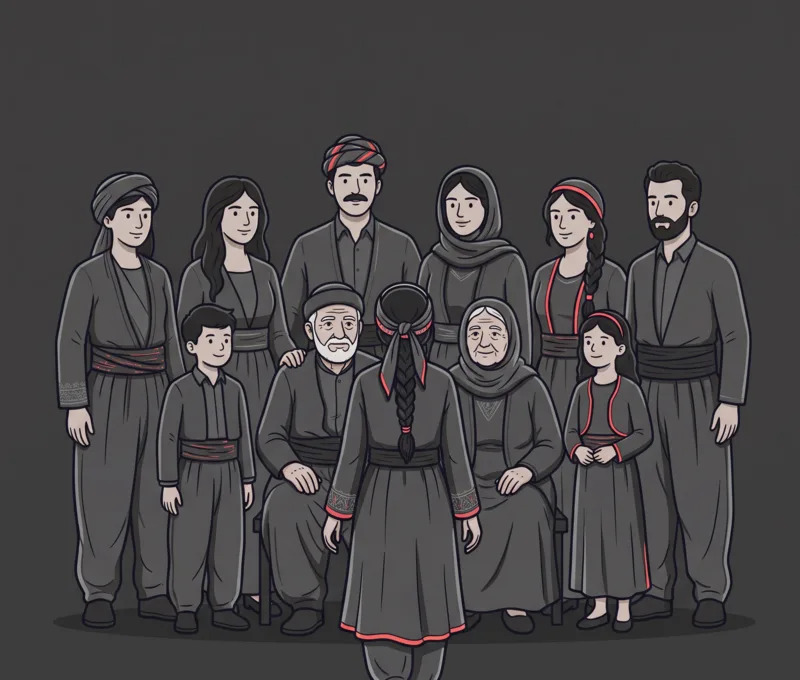 Illustration of a Kurdish community gathered together, welcoming a new member