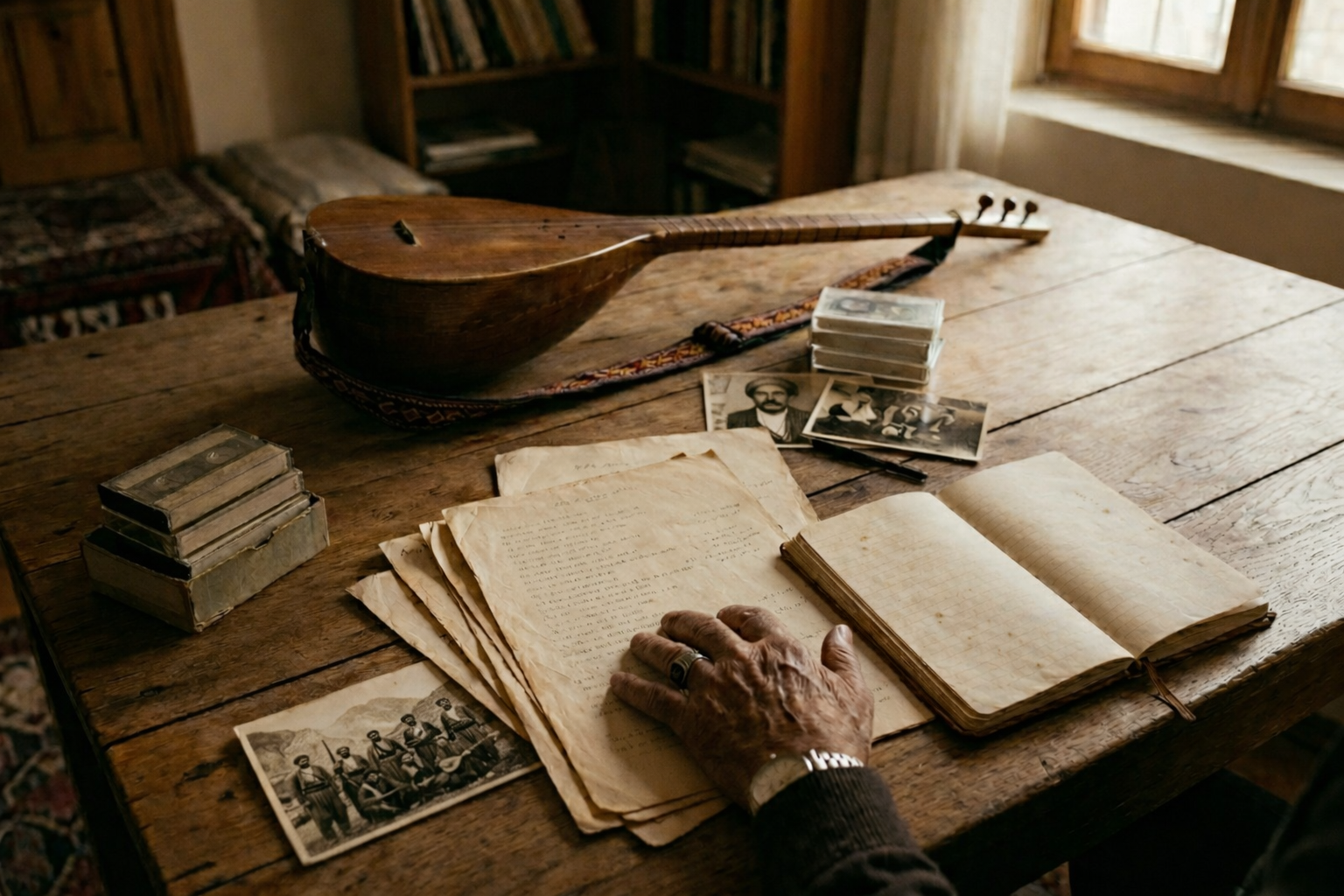 A hand resting on handwritten Kurdish lyrics on a wooden table, alongside a tanbur, old photographs, and books