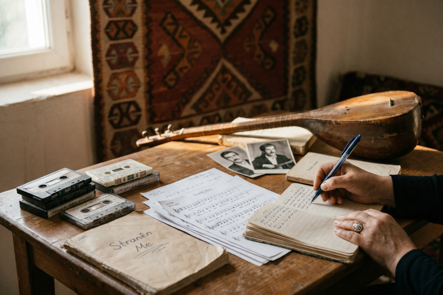 A hand writing Kurdish lyrics in a notebook, with sheet music, cassette tapes, a photograph, and a tanbur on a wooden table